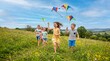 © washingtonsou - Joyful children running through a meadow with kites flying high in the blue sky on a sunny day