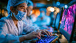 © Aliaksandra - Masked Asian female scientist analyzes vivid research data on a computer while working with colleagues in a modern high-tech laboratory