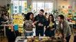© Anna - A diverse team of coworkers collaborates in a bright modern office, discussing ideas beside a colorful wall of sticky notes during a creative business planning session.