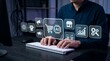 © Jonathan Gasley - A person typing on a white keyboard while interacting with glowing digital icons representing artificial intelligence shopping commerce marketing and business analytics technology