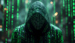 © Zubdatul - Hacker figure wearing a dark hoodie covered in glowing green binary code