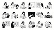 © 21graphic - Black  White Line Art Vector Icons: Women in Education, Science, and Research, Engaged in Learning Activities