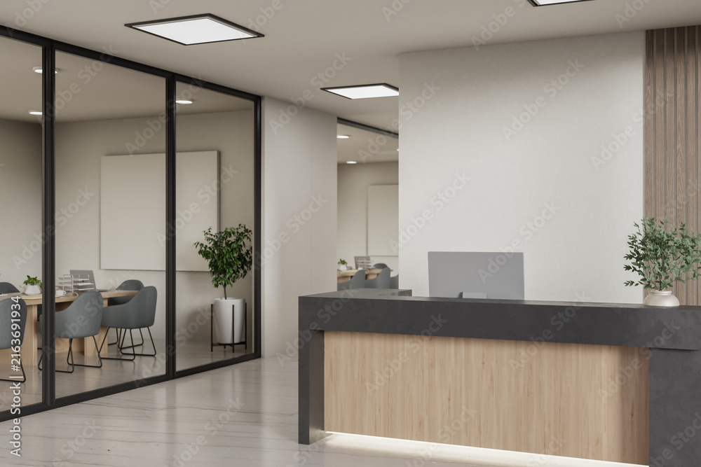 Modern Office Reception and Meeting Room with Blank Wall Mockup Space ...