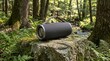 © lazmuriro - Portable wireless speaker resting on a mossy rock in a lush green forest.