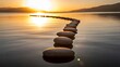 © millennium - Stepping stones across calm lake water at golden sunset creating a peaceful path toward distant mountains