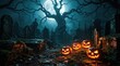 © AspctStyle - Glow pumpkin in moonlit cemetery with spook tree for halloween background design