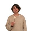 © Helena  - Young Man in Beige Sweater Holding Burning Sparkler isolated on transparent or white background, png