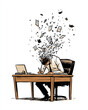 © Kingdola - Mental Overload: A man overwhelmed by work explodes with papers flying from his head as he sits at his desk with a laptop and notebook.