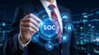 © Generative AI Lab - SOC Security Operations Center concept Businessman touching virtual screen with cyber security icons data protection network infrastructure and cloud computing technology