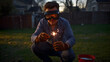 © Bernd Schmidt - Man wearing oversized welding goggles cautiously lighting a tiny sparkler evoking playful comedic irony outdoors generative AI