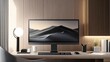 © Farah - Sleek modern desktop computer monitor displaying desert landscape wallpaper sits on a tidy wooden office desk with warm ambient lighting