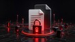© Add Win - Encrypted digital files secured by a padlock with glowing red keyhole on a high-tech network node platform representing cyber protection