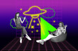 © deagreez - Art sketch 3d image vertical collage of two happy business partners girls sit together office surf laptop spaceship ufo launch startup