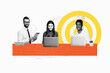 © deagreez - Trend composite template 3D photo collage of group businesspeople teamwork human resources two young lady wotk laptop man hold tablet aim