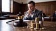 © Nai - Lawyer sits at desk with gavel and coins while thinking in courtroom