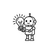 © Roshni - Minimalist robot icon holding glowing lightbulb, artificial intelligence innovation concept, cute android character with creative idea