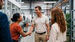 © PureVisualsFrame - Business team greeting with handshake in modern office warehouse corridor with colleagues smiling