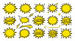© kuah - Collection of yellow comic book style explosion and starburst shapes with various sound effects and dynamic lines on a white background.