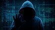 © grafyloft - Anonymous hooded figure against a digital binary code background cybersecurity and privacy concept
