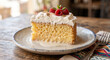 © Wealthy_7CupPig -  A vibrant, close-up photograph of a thick slice of Tres Leches cake on a ceramic plate, capturing a small pool of rich, sweet milk seeping out from the base of the delicate sponge cake.
