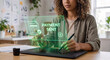 © Thimira - designer touches payment sent hologram, display invoice document icon, show dollar coin symbol, confirm freelance transaction status, track independent contractor billing