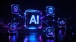 © KP Creative Stock - AI Network Connections: Glowing cubes with the inscription AI at the center connect to various digital icons representing data, internet, code, and images.