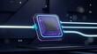 © KP Creative Stock - Futuristic Microprocessor Core: An intricately designed microprocessor, glowing with neon purple and blue light, levitates amidst a sleek, futuristic technological environment with energy conduits.