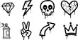 © Birus Chiran - Graffiti street art icons set. Black dripping paint urban symbols including skull, heart, and diamond. Set of 8 vector EPS elements for apparel design.