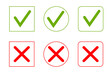 © Monika Jurczyk - Green check mark and red X icon set PNG. Hand-drawn approval and rejection symbols in square, circle and rounded shapes, perfect for quizzes, presentations, infographics, checklists, forms, UI design