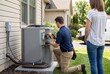 © Samiul - Hvac technician performing maintenance on residential air conditioner unit with homeowner air conditioning technician maintenance homeowner customer consultation professional residential