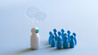 © A2Z AI  - A small white robot with glowing blue eyes communicates with a group of blue wooden figures with dialogue bubbles floating above them