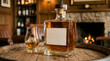 © hasi - Whiskey bottle and glass on a wooden barrel in a cozy bar