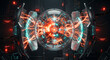 © MasterofimageS - Glowing ai core inside a transparent containment shell with shield panels, warning beacons, and filters blocking volatile algorithmic tendrils