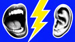 © Luz - A conceptual pop art style graphic featuring a halftone open mouth and ear separated by a yellow lightning bolt, symbolizing communication and dialogue.