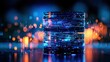 © Chandara - A futuristic, digital server or database with a blue and orange light effect, surrounded by a dark, blurred background with bokeh effects.