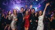 © DNA STUDIO - Vibrant stock image of a joyful mixed-gender group celebrating at a lively nightclub, perfect for marketing, event promotions, or social media campaigns showcasing festive energy and camaraderie.