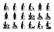 © Anik - Senior Woman Silhouette Icons Set: Mobility Aids, Walking Sticks, Wheelchairs, Scooters, Crutches, Dog Walker, Shopping Cart, Stairs, Elderly Lifestyle Vector Graphics