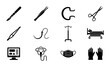 © Anik - Medical Icons Set: Surgical Scalpel, Forceps, Scissors, IV Stand, Hospital Bed, Monitor, Mask, Gloves, Vector Graphics for Healthcare and Science