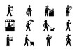 © Anik - 12 Black Stick Figure Icons: Shopping, Walking, Pet Care, and Leisure Activities, Vector Set for Business and Lifestyle Graphics