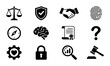 © Anik - Legal Justice and Business Icons Set: Scales, Shield, Handshake, Fingerprint, Compass, Brain, Document, Question Mark, Gear, Lock, Magnifying Glass, Gavel