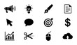 © Anik - Business Icons Set, Vector Graphics Collection: Megaphone, Lightbulb, Pen, Document, Cursor, Chat, Target, Dollar, Chart, Scissors, Mouse, Cloud Upload
