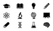 © Anik - Science and Education Icons Set: Graduation Cap, Book, Lightbulb, Pencil, Atom, Microscope, Globe, Blackboard, DNA, Flask, Brain, Battery