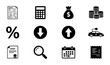 © Anik - Financial Icons Set: Bill, Calculator, Money Bag, Coins, Percentage, Arrows, Electric Car, Certificate, Magnifying Glass, Calendar, Receipt Vector Graphics
