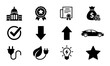 © Anik - Modern Business and Finance Icon Set: Government Building, Award Badge, Certificate, Money Bag, Checkmark, Arrows, Electric Car, Eco Plug, Lightbulb, Star