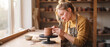 © itlada - Ceramic artist shaping handmade clay mug in a sunlit workshop, attaching handle with precision on a wooden workbench for craft business, artisanal pottery hobby and design concepts