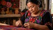 © Margarita Ratatosk - Hispanic woman artisan weaving colorful textile on loom. Traditional embroidered clothing and handmade craft preserving cultural heritage. National Hispanic Heritage Month celebration concept.