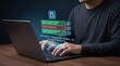© Majed - Pull request code review concept with laptop and holographic software dashboard showing code changes, reviewer comments, file statistics and merge approval