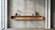© twilight mist - Minimalist Floating Wooden Shelf on Textured Gray Wall with Soft Sunlight Shadows and Elegant Decor