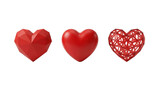 Three unique heart shapes in vibrant red color representing love and affection for various creative uses