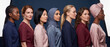 © itlada - Diverse women standing together in studio, showing multicultural female empowerment and unity against a dark blue background, ideal for corporate inclusion and diversity campaigns